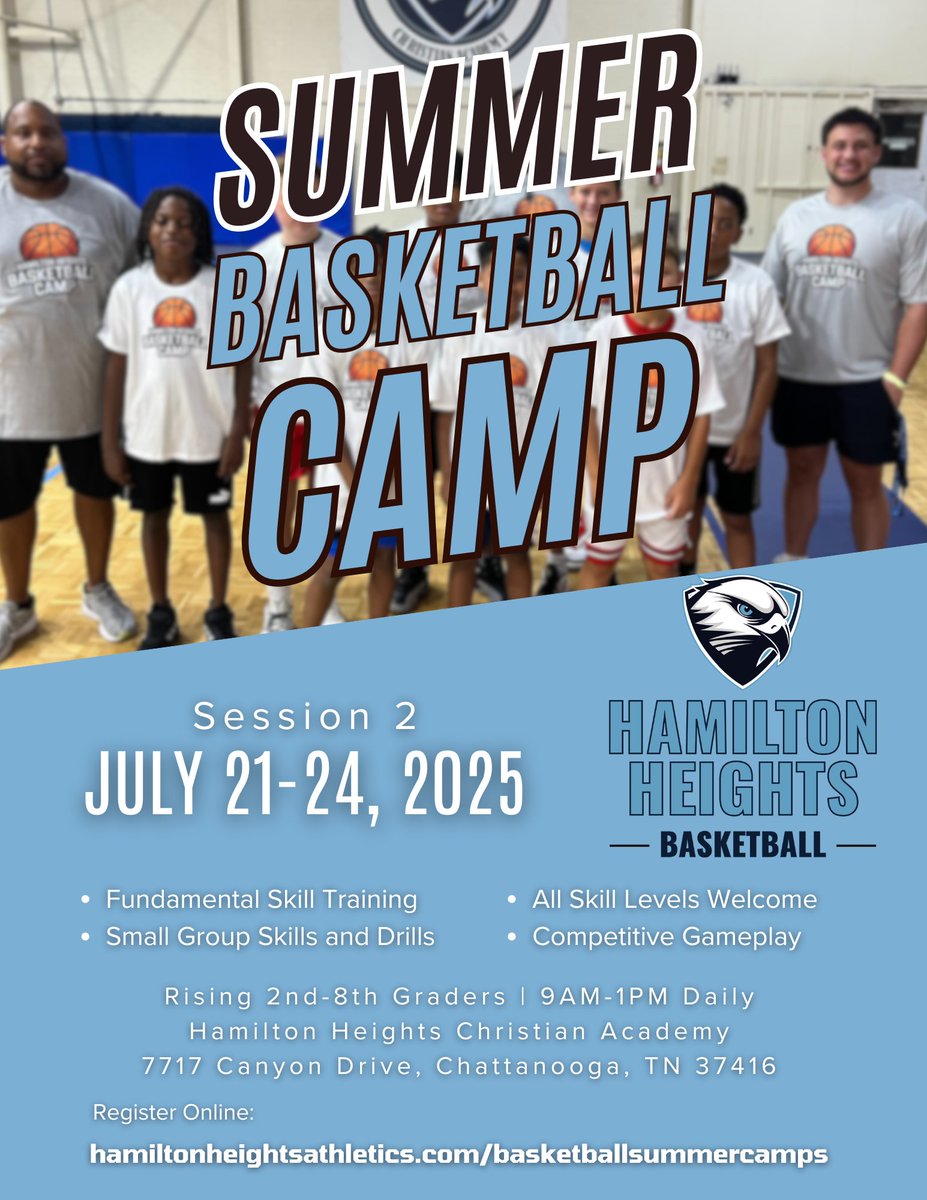 🏀 Session 2 of the Hamilton Heights Summer Basketball Camp is July 21-24!
9AM–1PM • Grades 2–8 • All levels welcome
👕 New campers get a T-shirt
💧 Returners from Week 1 get a water bottle!
📍 Chattanooga, TN
🔗 Register: Link in Bio
#BasketballCamp #Chattanooga #YouthSports