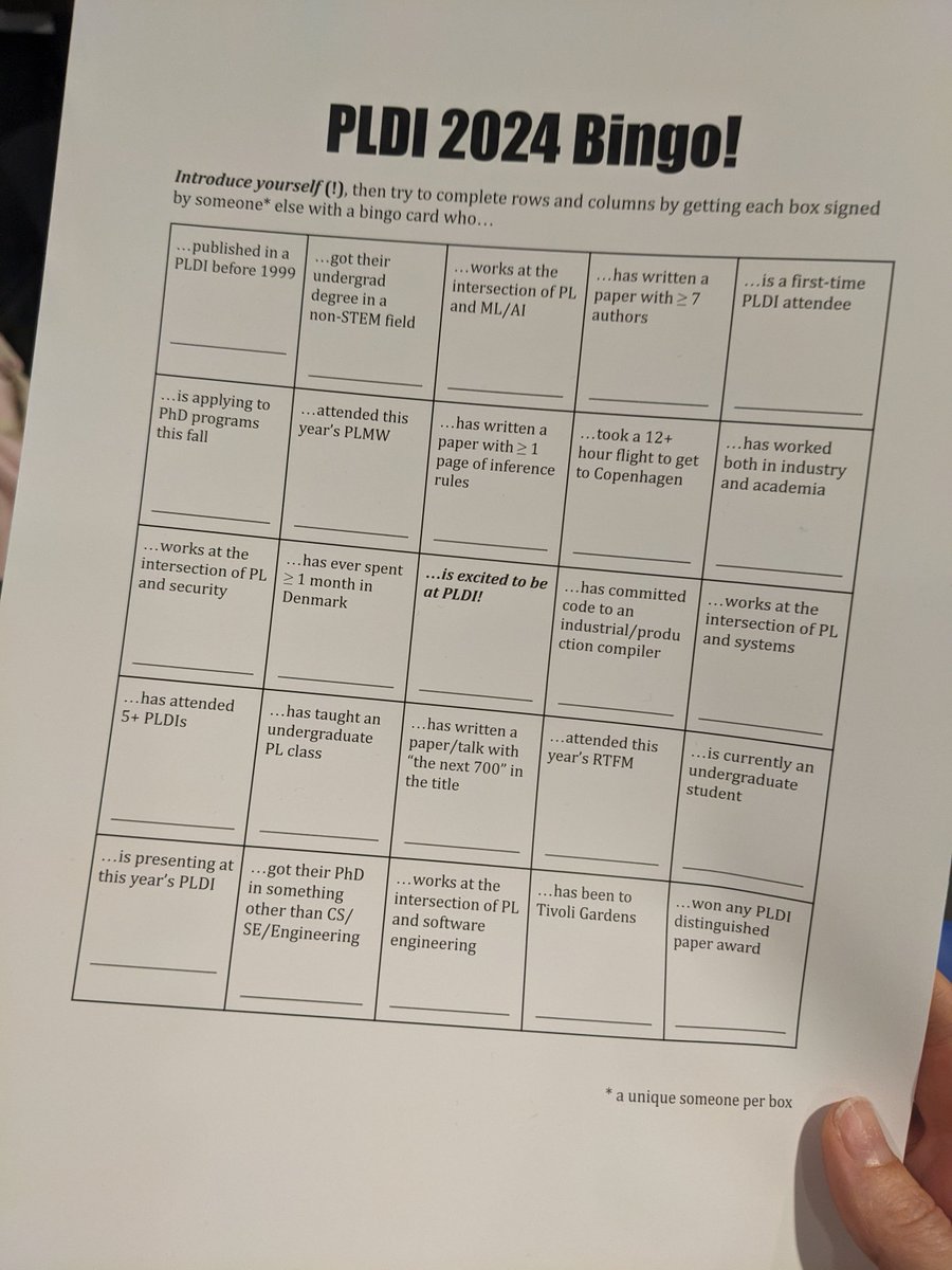 muratdemirbas's tweet image. I heard they did this Bingo card thing in PLDI.
Other conferences, please take notice!
This is a great way to catalyze hallway conversations.