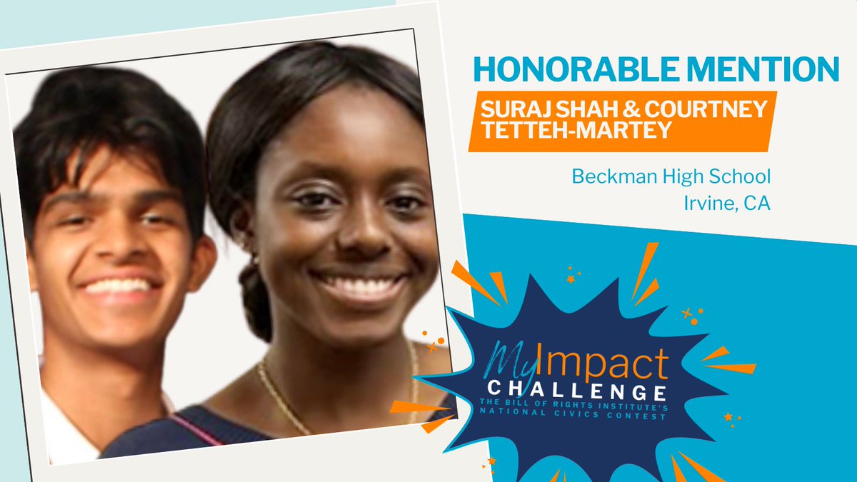 BRInstitute's tweet image. Congratulations to Suraj Shah and Courtney Tetteh-Martey! Their project, Debate Discovery Kits, a student-led organization to expand access to speech and debate education, earned an Honorable Mention award in our 2025 MyImpact Challenge. Learn about all our winners today!…