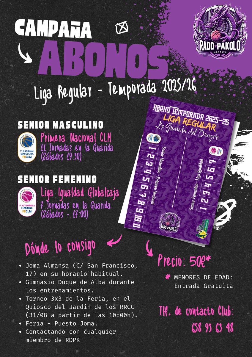 Algunos ya nos habeis preguntado por los precios y cuándo y dónde se podrán adquirir los abonos para la Temporada 2025/2026, asi que aquí os dejamos toda la información para que no os quedéis sin el vuestro y podáis disfrutar de un año mas siendo RadoPakoloteistas 😏🐉

#RDPK