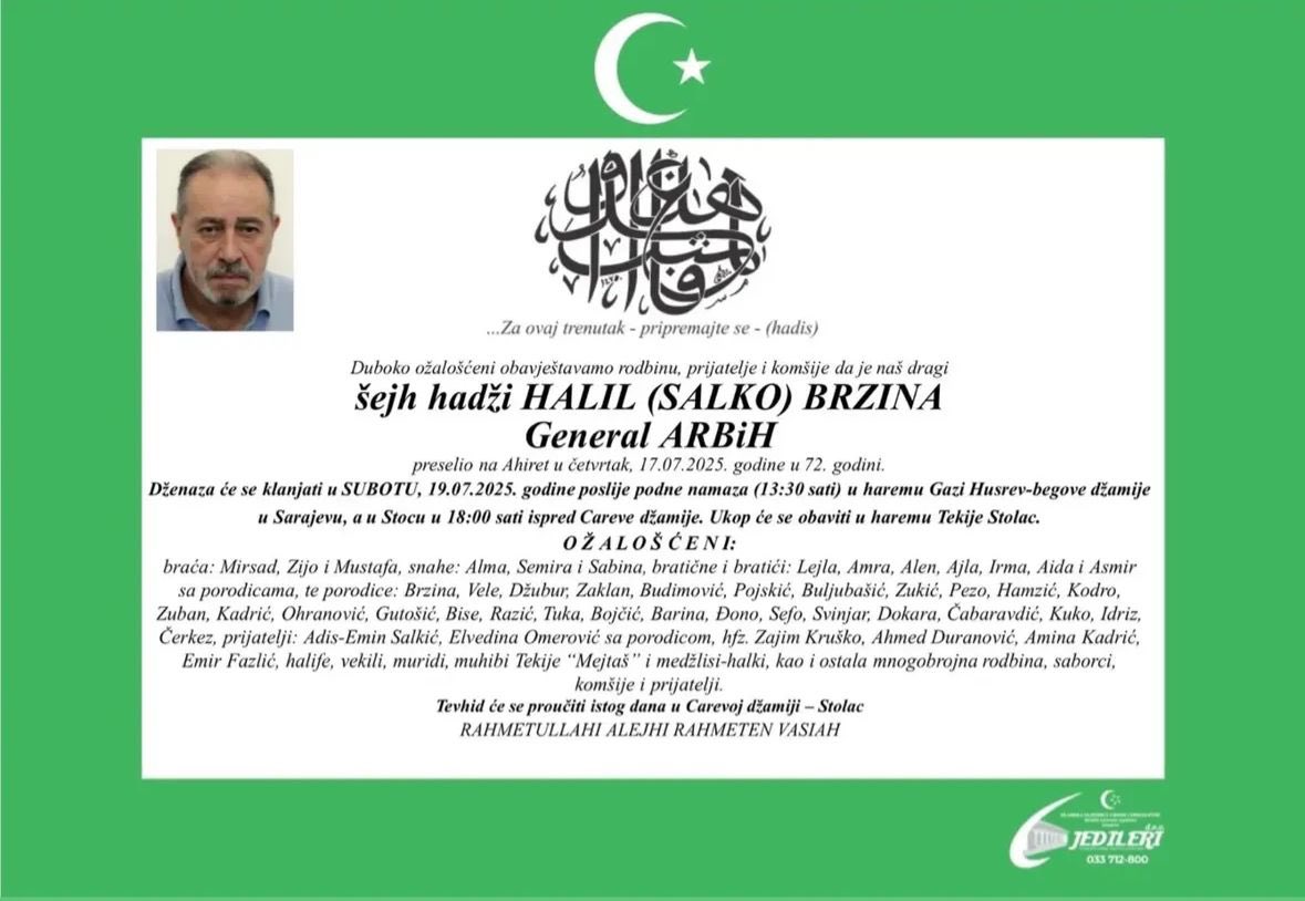 Cetres1's tweet image. Bosna ordusunun eski generallerinden merhum Halil Brzina’nın cenazesi Cumartesi günü Gazi Hüsrevbey Camii’nde kılınacak. Cenaze, doğum yeri Stolac’ta toprağa verilecek. Merhum Brzina, Cumhurbaşkanımızın, Eski Savunma Bakanımız ve Dışişleri Bakanımızın da değer verdiği bir isimdi.
