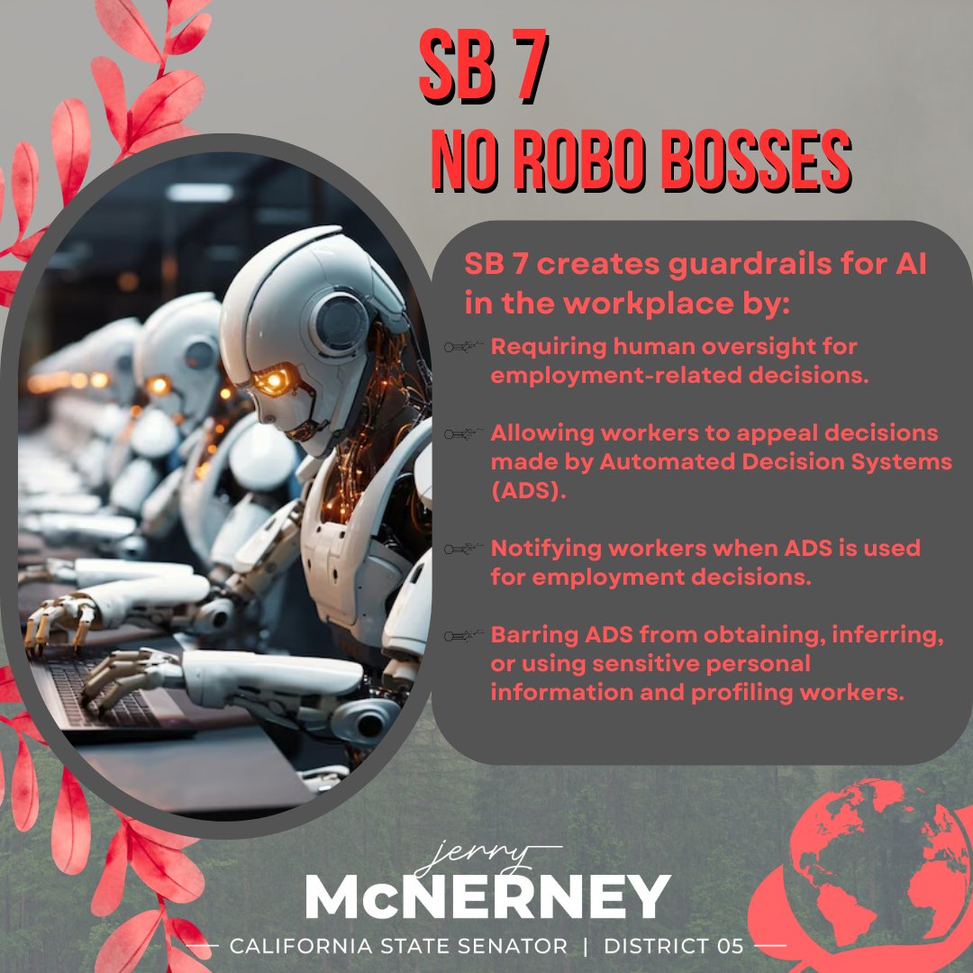 SenMcNerney's tweet image. Excellent! The #caleg Assembly Privacy and Consumer Protection Committee approved my SB 7, the No Robo Bosses Act. SB 7 would require human oversight of artificial intelligence systems in the workplace to help prevent abuses. @CaliforniaLabor