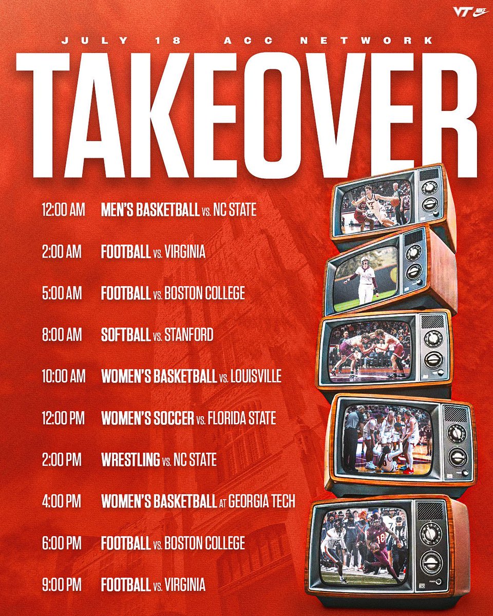 HokieSports (@hokiesports) on Twitter photo Time for a Hokies takeover 📺
Tune in to <a href="/accnetwork/">ACC Network</a> all day on Friday, July 18 to relive some of our greatest moments from this past year! Time for a Hokies takeover 📺
Tune in to <a href="/accnetwork/">ACC Network</a> all day on Friday, July 18 to relive some of our greatest moments from this past year!