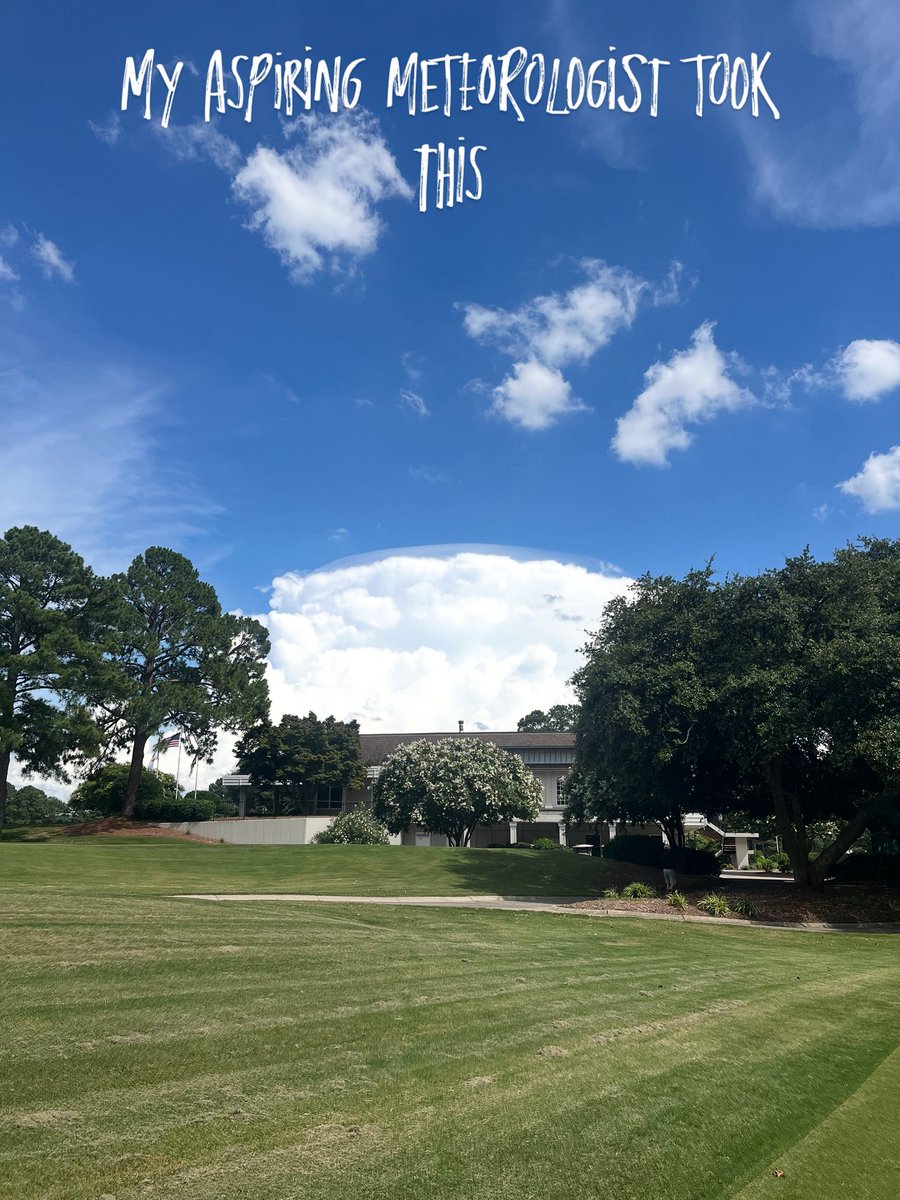 DavidACoun's tweet photo. My daughter who is studying Environmental Sciences and Meteorology took this photo.  Cloud top almost makes it look like a UFO is hiding in the clouds. A storm is brewing   @katcampbellwx @wralweather https://t.co/Xm9l1z0OvD