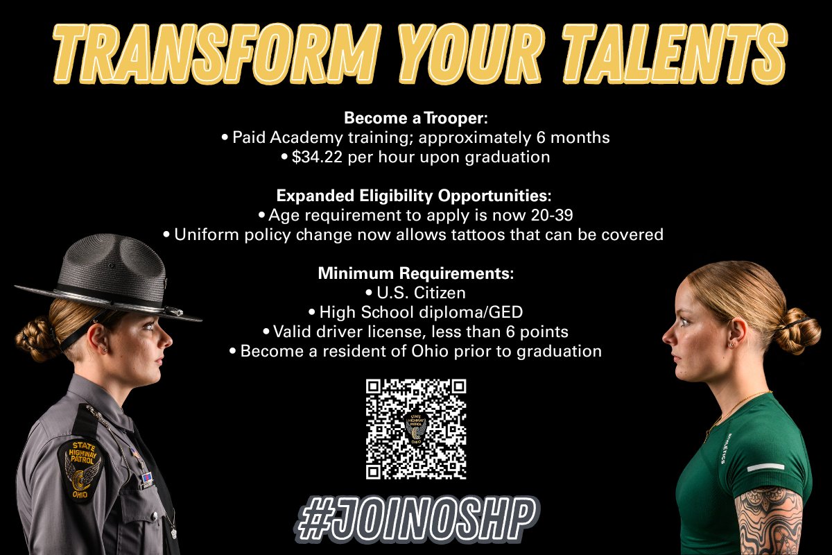 OSHP's tweet image. If you're ready to serve, lead and make a difference, now is the time to act. Apply today and transform your talents into a purpose-driven career. Click here to apply and learn more about the requirements statepatrol.ohio.gov/recruitment-an…. #JoinOSHP