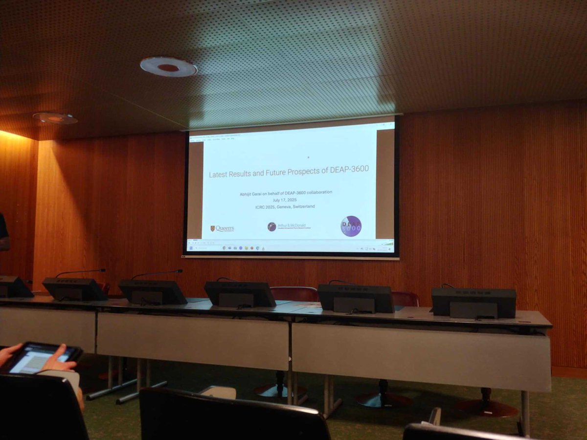 Today Abhijit Garai on behalf of collaboration presented “Latest Results and Future Prospects of #DEAP3600” at #ICRC2025 (Geneva, July 15–24). 
The ICRC brings together experts on #cosmicrays, #darkmatter, #neutrinos &amp; more. 
<a href="/UNIGEnews/">Université de Genève</a>