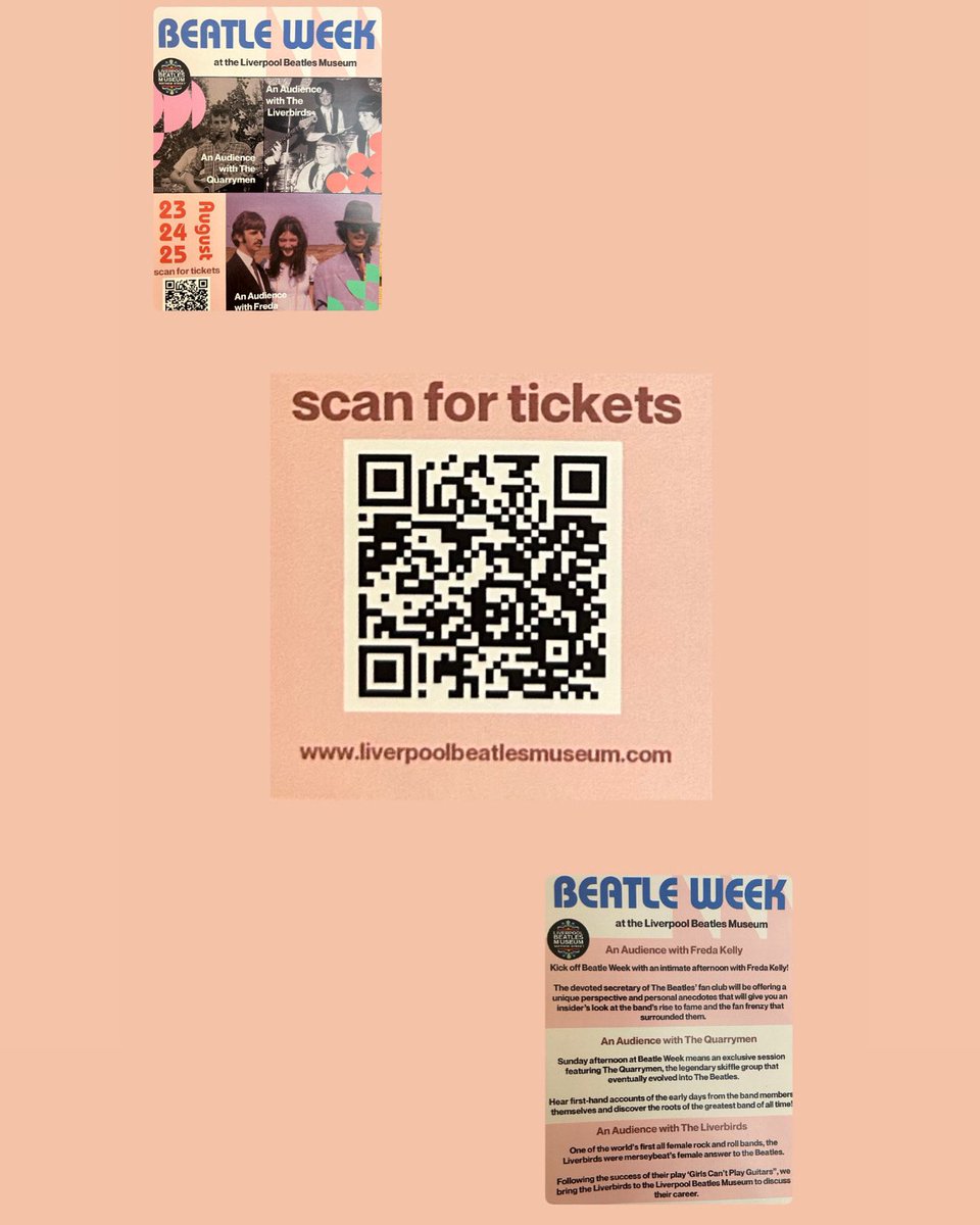 beatlesmuseum_'s tweet photo. โญ๏ธ SCAN THE QR CODE FOR YOUR TICKET TO BEATLE WEEK โญ๏ธ
Join us for Q & Aโs with Freda Kelly, The Quarrymen and The Liver Birds!
Get your tickets now! Not long to goโฆ ๐
#liverpoolbeatlesmuseum #beatlesweek #thebeatles #fredakelly #quarrymen #liverbirds https://t.co/51ASOEC3B3