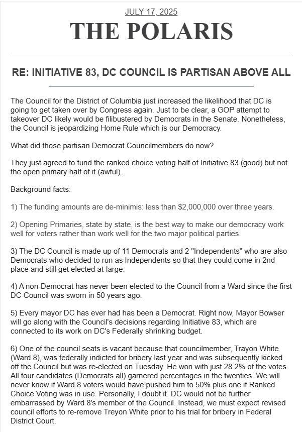 dkrucoff's tweet image. Here's my latest edition of The Polaris which I disburse on average once per month. Please be in touch if you would like to be on my email list. Hope you enjoy it.
PARTISAN DC COUNCIL REJECTS AN OPEN PRIMARY