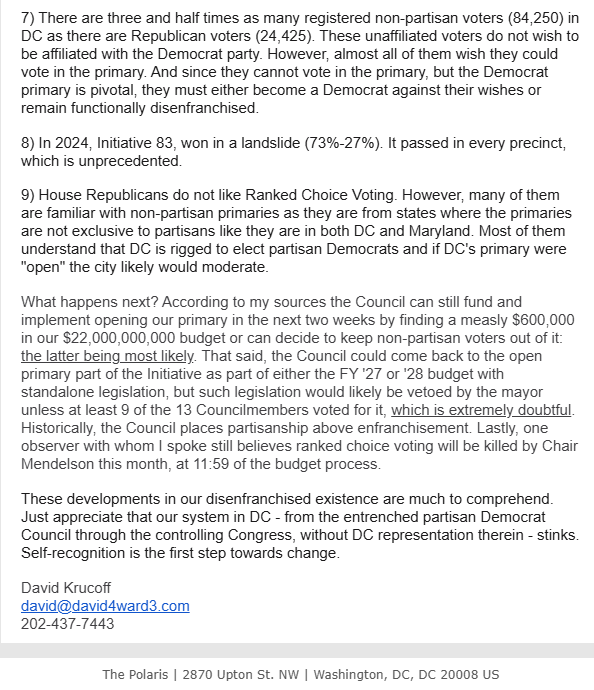 dkrucoff's tweet image. Here's my latest edition of The Polaris which I disburse on average once per month. Please be in touch if you would like to be on my email list. Hope you enjoy it.
PARTISAN DC COUNCIL REJECTS AN OPEN PRIMARY