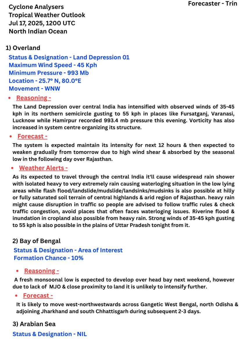 CycloneAnalyser's tweet photo. Weekly #TWO
#LD01 over central #India intensified slightly while dumped extremely heavy rainfall of 250 mm.Its expected to move west &amp; absorbed by the seasonal low this weekend. 
A new low may develop over head bay next weekend, however its unlikely to intensify further due to 👇 https://t.co/Ob0zdt7MZU
