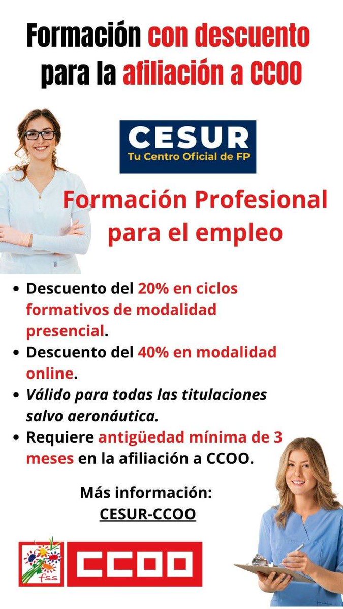 FSSCCOOCYL's tweet image. 📚 La FSS-CCOO sigue apostando por el desarrollo profesional de nuestra afiliación
🫴🏼 hemos llegado a acuerdos que ofrecen descuentos exclusivos en programas adaptados al sector sanitario y sociosanitario
👁️ CESUR
lider.cesurformacion.com/descuento-ccoo/