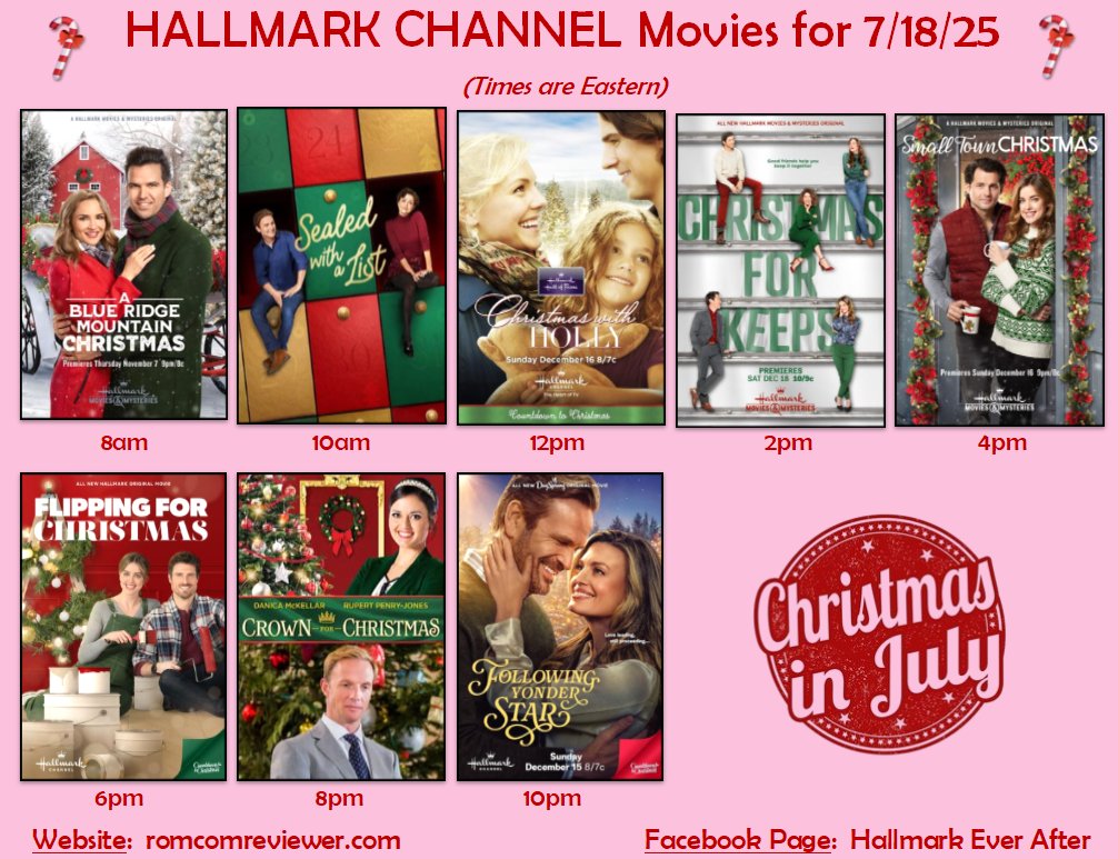 RomComReview1's tweet image. Here are the posters for the movies that are playing on #HallmarkChannel on FRIDAY, JULY 18!  Which ones will you be watching?

#Hallmarkies #HallmarkFans #ChristmasInJuly #ChristmasMovies #HallmarkSchedule