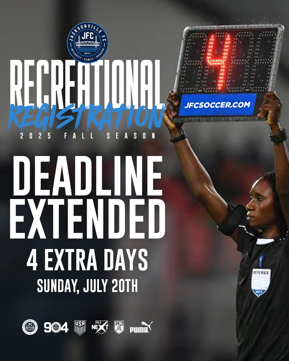jacksonville_fc's tweet image. Deadline Extended......4 More Days!
Still thinking about joining our JFC Recreational Programs? Good news, you have a little more time!
The new deadline is Sunday, July 20th. After that, registration closes and it’s waitlist only.
Open to boys and girls of all skill levels.…