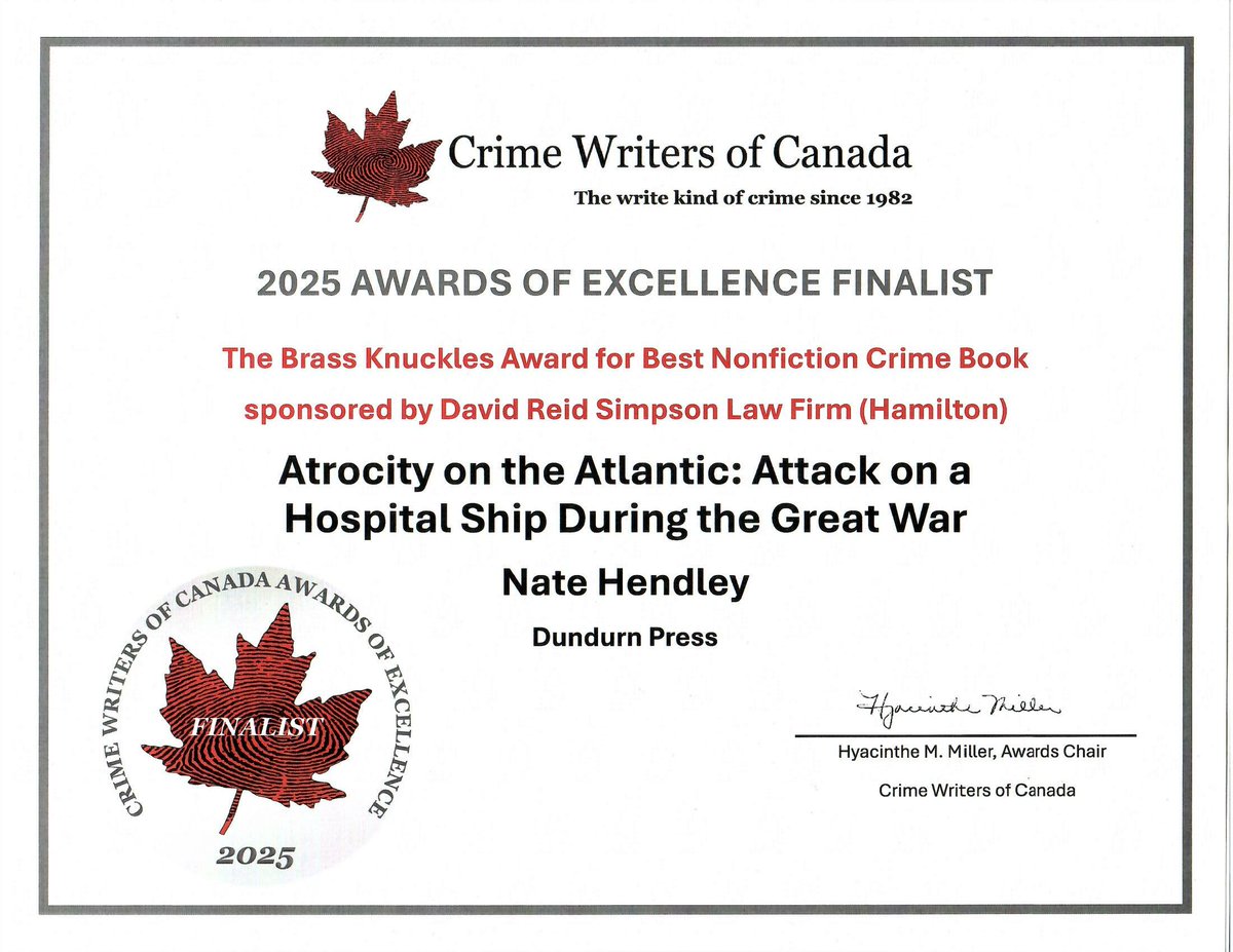 natehendley's tweet image. I was proud to be a finalist in the Crime Writers of Canada book awards in May.
My book (re a forgotten war crime that changed the world) at:
Amazon tinyurl.com/4z34saa3
Barnes + Noble tinyurl.com/bdzjxnsu
Indigo tinyurl.com/yck4rua2
@dundurnpress @crimewriterscan