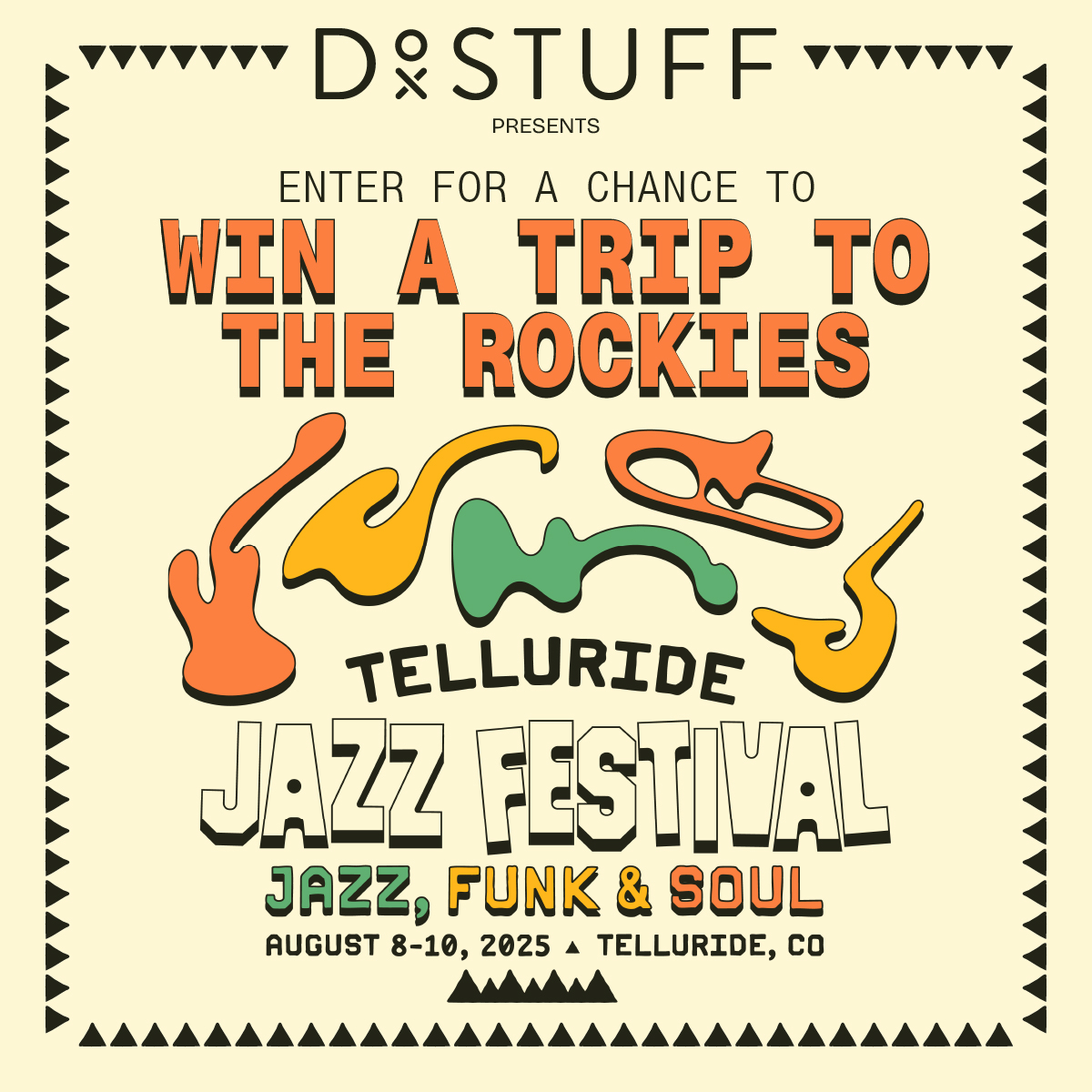 Jazz at 8,750 feet hits different 🎷 Win VIP passes to <a href="/TellurideJazz/">Telluride Jazz Fest</a> featuring <a href="/KamasiW/">Kamasi Washington</a>, @TromboneShorty, and @karldenson against 13,000-foot peaks. Front-stage seating + exclusive happy hours + hotel + $600 flight credit. t.dostuffmedia.com/t/c/s/297727