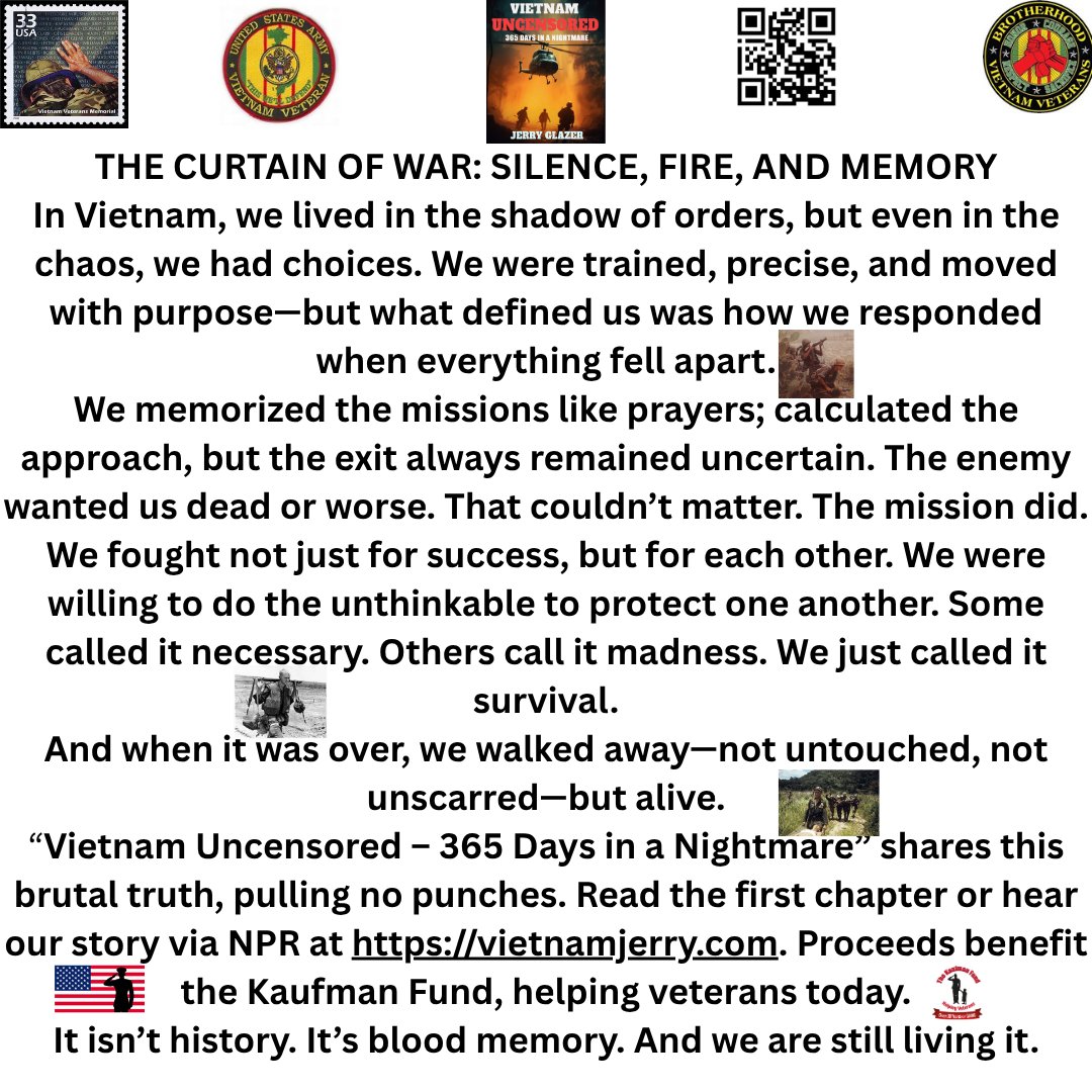 JERRYGLAZER1's tweet photo. We weren’t heroes—we were survivors. Trained for silence, sent into hell. The mission always mattered more than the men. It is what war looks like.
Read more at: https://t.co/7XQyVTcRwd
#WarMemoir #VietnamWar #VeteransVoices #TrueStory #XReads https://t.co/DVujKePz7i
