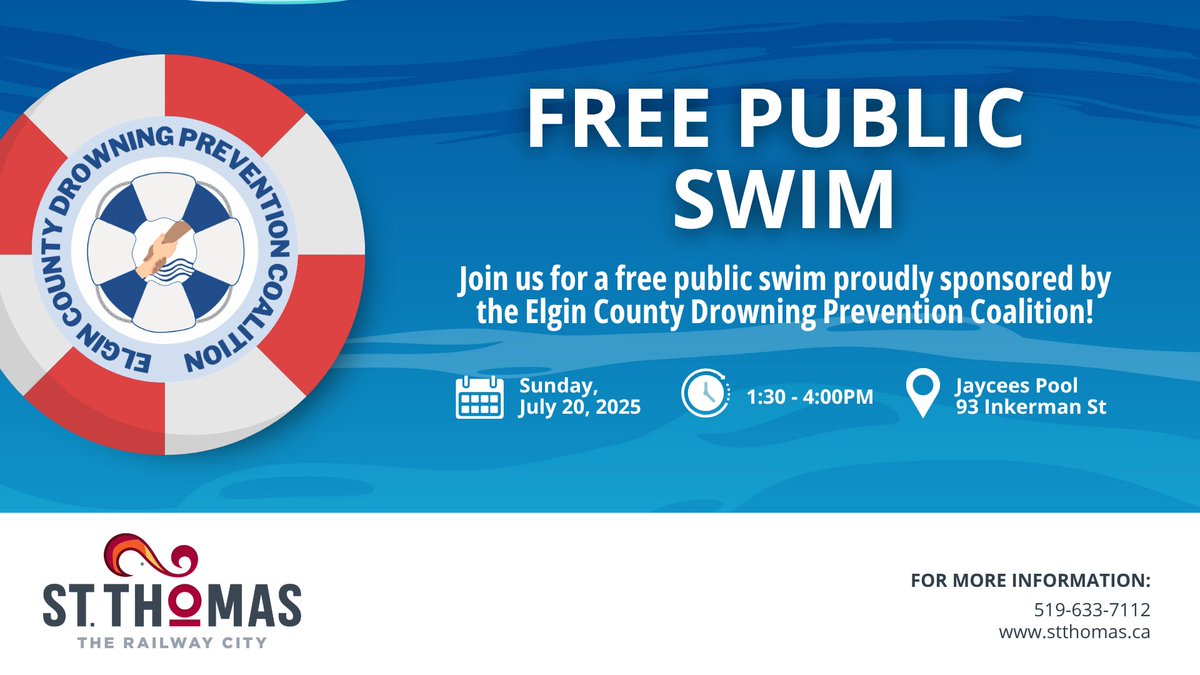 cityofstthomas's tweet image. Join us for a FREE public swim sponsored by the Elgin County Drowning Prevention Coalition!
📅 Sunday, July 20
🕜 1:30 – 4:00 PM
📍 Jaycees Pool - 93 Inkerman Street
Cool off, have fun, and stay safe. Everyone is welcome!
#TheRailwayCity #StThomasON