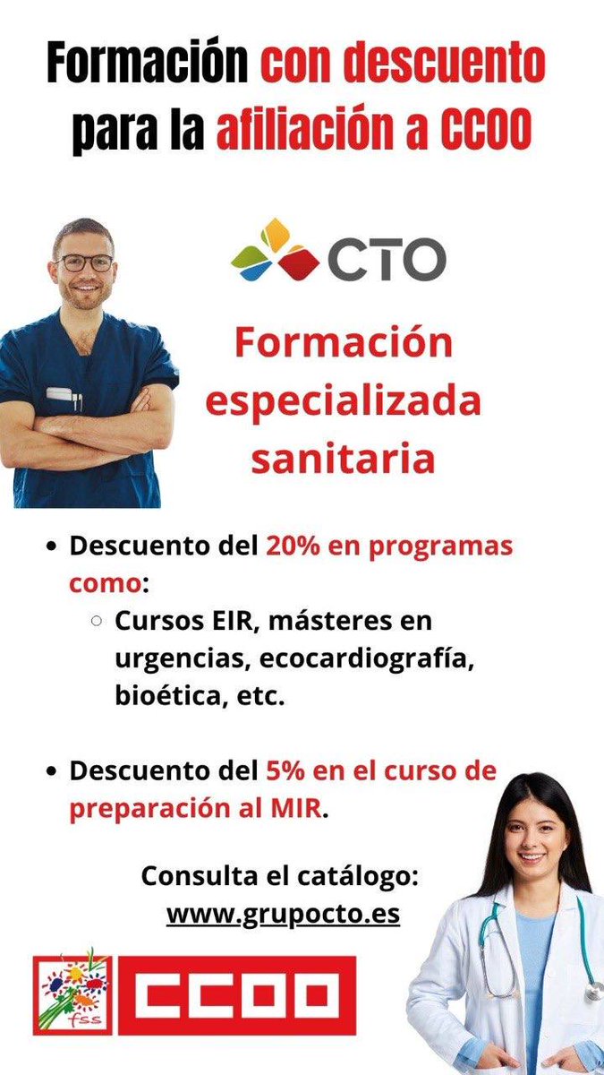 FSSCCOOCYL's tweet image. 📚 La FSS-CCOO sigue apostando por el desarrollo profesional de nuestra afiliación
🫴🏼 hemos llegado a acuerdos que ofrecen descuentos exclusivos en programas adaptados al sector sanitario y sociosanitario
👁️ CTO
grupocto.es