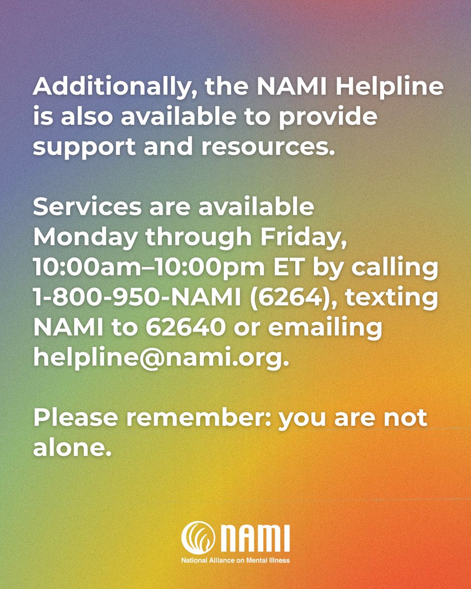 NAMICommunicate's tweet image. Starting today, 988 no longer offers its LGBTQ+ youth & young adult line (“Press 3”). We’re deeply disappointed.
To LGBTQ+ youth: We see you. You matter.
Still need support?
📞Trevor Project: 1-866-488-7386
💻Chat/Text: thetrevorproject.org/Get-Help
🤝Trans Lifeline:…
