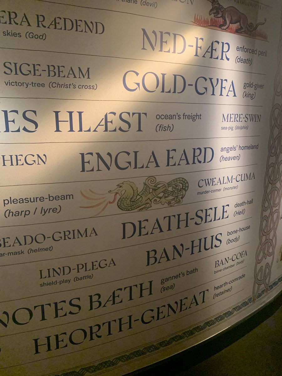 KellterMythos's tweet image. I visited an Anglo-Saxon museum recently with a lot of interesting things, but my favourite part had to be the wall of kennings. I hope to implement them more when writing for Hearthia