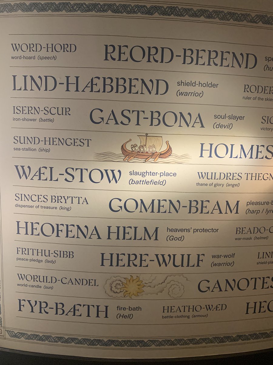KellterMythos's tweet image. I visited an Anglo-Saxon museum recently with a lot of interesting things, but my favourite part had to be the wall of kennings. I hope to implement them more when writing for Hearthia