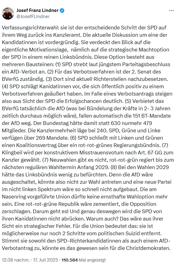 Eine steile These darüber, was die Sozen vorhaben könnten, von Prof. Dr. jur. Josef Franz Lindner <a href="/JosefFLindner/">Josef Franz Lindner</a>, Inhaber des Lehrstuhls für Öffentliches Recht, Medizinrecht und Rechtsphilosophie an der Uni Augsburg.

x.com/JosefFLindner/…
