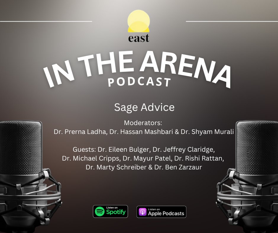 EAST In the Arena - Sage Advice - Looking for the right job? Ready to ace the interview? @hassanmashbari <a href="/smuramed/">Shyam Murali</a> <a href="/ladha_prerna/">Prerna Ladha</a> get advice from <a href="/bulgercot/">Eileen Bulger</a> @drrishirattan @martinschreib10 @michaelcrippsMD <a href="/benzarzaur/">Ben Zarzaur</a> @pateltrauma <a href="/ClaridgeJeffrey/">Jeffrey A. Claridge</a> on this @EAST_Trauma ITA episode.