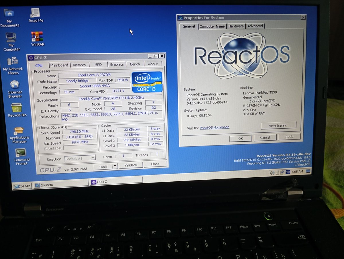 reactos's tweet image. #ReactOS installs and runs on Lenovo ThinkPad T530i!
Installation was successful after a few specific BIOS tweaks.
Intel HD 3000 graphics driver does not work.
The official Lenovo LAN driver causes a BSoD, while a generic one from Snappy Driver Installer works perfectly.