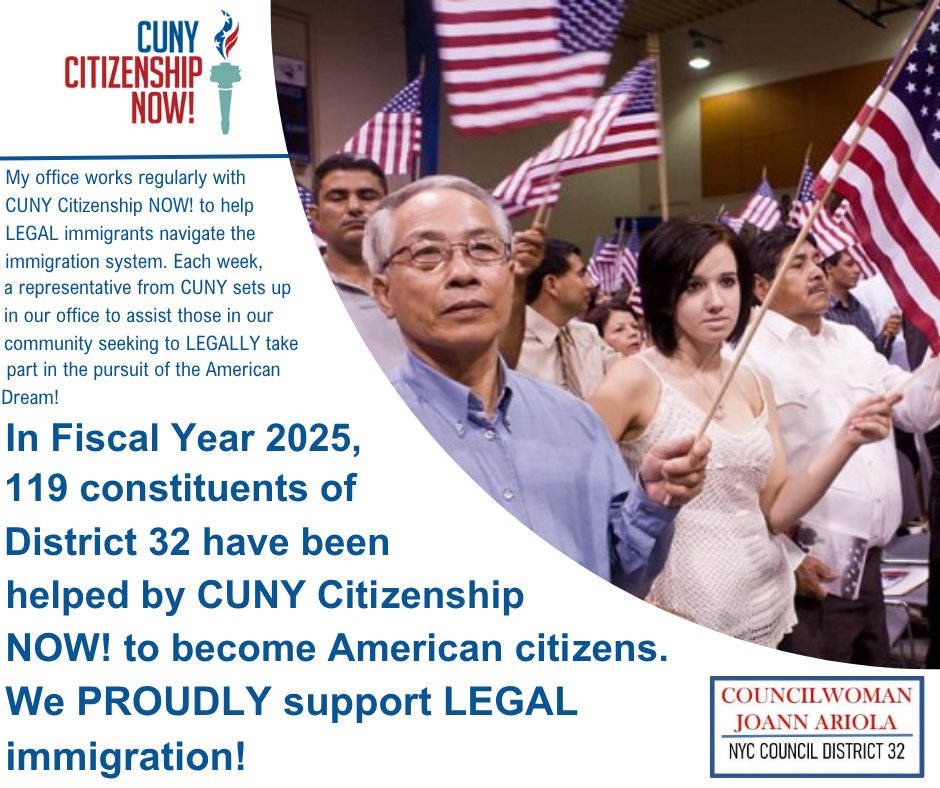 JoannAriola32's tweet image. In FY'25 (which ended this month) my office worked with @CUNYCitizenship to help 119 people find their LEGAL pathway to achieving the American Dream. 🇺🇸🇺🇸
Since 2022, more than 300 people have found support through my office's partnership with CUNY as they’ve worked toward…