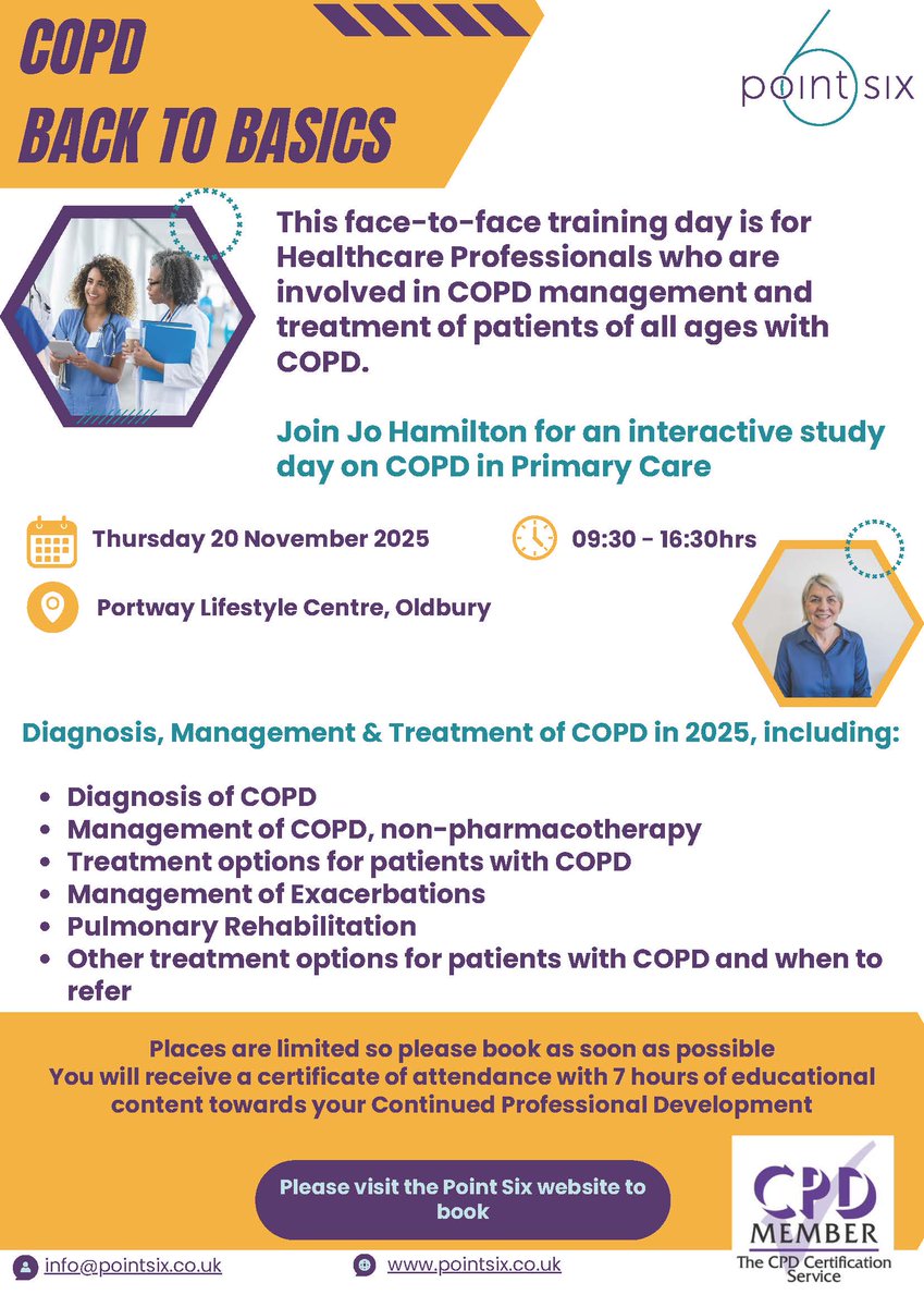 #HCPs, live in the Midlands and need to go back to basics  with #COPD management? See our educational partner <a href="/Pointsixt/">PointSixTraining</a>  course below, limited spaces available. Visit the website for more details pointsix.co.uk/copdday1