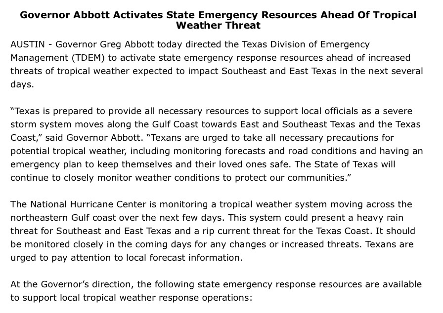 GovAbbottPress's tweet image. Today, Governor @GregAbbott_TX activated state emergency resources ahead of tropical weather threats expected to impact Southeast and East Texas.
Texans are urged to stay weather aware, monitor road conditions, and have an emergency plan.
More: bit.ly/4m1nh26