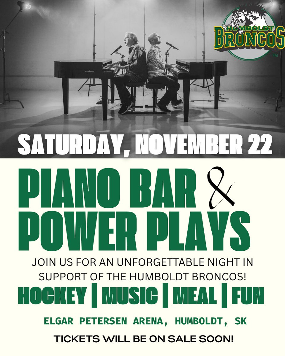 HumboldtBroncos's tweet image. 🎹 Bronco Bash: Game Night, Dinner & Dueling Pianos! 🎶
Saturday, November 22, 2025
Join us for an unforgettable night in support of the Humboldt Broncos!
🏒 5:00 PM – Humboldt Broncos vs. @SJHL_NorthStars
📍 Elgar Petersen Arena
🍽 Post-Game Meal Catered by Pilger Tavern
📍…