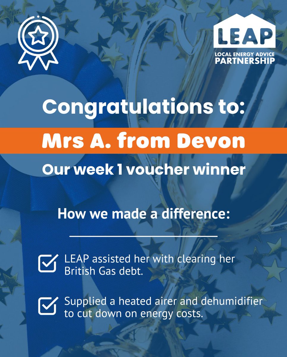 Congratulations to Mrs A. from Devon, our week 1 winner of our £250 shopping voucher competition! 

Would you like to stand a chance to win? Apply for a LEAP home energy advice visit or call during July 2025.

#EnergySavings #SustainableLiving #CostofLiving #LEAP #FreeAdvice