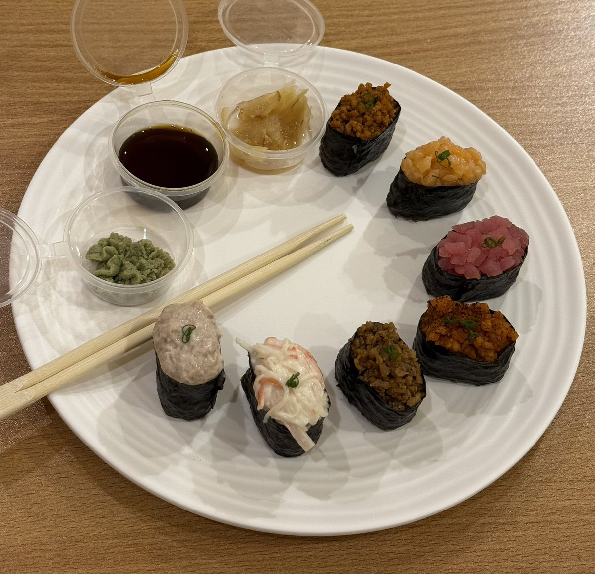 Tried this sushi today. Banger taste. (wasabi was bad idt its even original). ate mostly with the soy sauce. 950 rs (11 $)