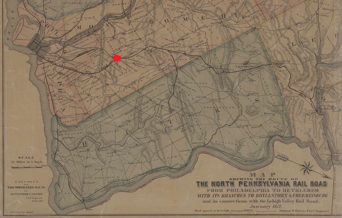 On July 17, 1856, two trains, traveling on the same track in converging directions in Whitemarsh Township, Pa., collided, killing roughly 60 people &amp; injuring more than 100 other passengers. This 1857 map from the Railroad Museum of Pennsylvania collections at the State #Archives