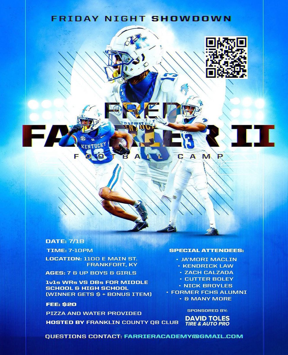 Jack Oldham IV (@jackoldham_iv) on Twitter photo Tomorrow at FCHS Ben Watkins field <a href="/UKFootball/">Kentucky Football</a> very own <a href="/FFarrier2/">fre’do²</a> will be hosting a football camp loaded with current Wildcats and FCHS alumni. Get signed up! <a href="/54SportsNetwork/">54 Sports Network🎙</a> <a href="/HypedUpTV/">HypedUp.TV</a> <a href="/YourSportsEdge1/">YourSportsEdge.Com</a> Tomorrow at FCHS Ben Watkins field <a href="/UKFootball/">Kentucky Football</a> very own <a href="/FFarrier2/">fre’do²</a> will be hosting a football camp loaded with current Wildcats and FCHS alumni. Get signed up! <a href="/54SportsNetwork/">54 Sports Network🎙</a> <a href="/HypedUpTV/">HypedUp.TV</a> <a href="/YourSportsEdge1/">YourSportsEdge.Com</a>