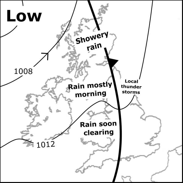 the_MWIS's tweet image. Fri 18/7: A front passing eastwards brings patchy rain, some scattered brief heavy showers follow in Scotland. Thunderstorms form east of the Pennines in afternoon. Fairly warm and humid, southerly breezes, strongest in NW Scotland. Cloud base rising, some breaks forming to tops.