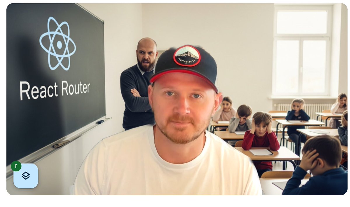 jplhomer's tweet image. Asked Google Meet to generate me a custom background for the group QA session we're doing on a React Router migration
"classroom with an angry teacher at the left, in front of a blackboard with the React Router logo on it. the students on the right are scared"