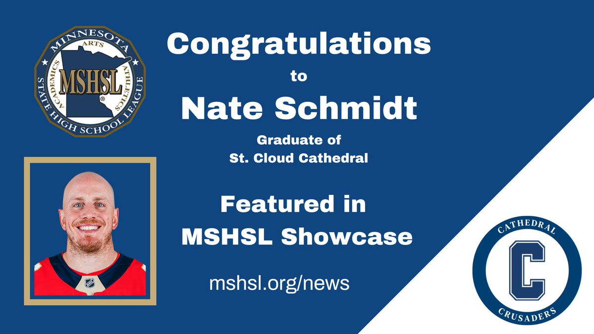 MSHSL's tweet image. Nate Schmidt, a graduate of St. Cloud Cathedral, recently became the first St. Cloud hockey player to hoist the Stanley Cup. Schmidt, who was defenseman for the Florida Panthers, played in 80 games during the 2024-2025 season. On July 1, 2025, Schmidt signed a three-year contract…