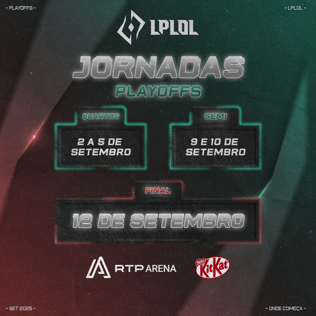 🚨 Atenção 🚨

As datas do Swiss Stage e dos Playoffs já estão marcadas! 🗓️🔥

Não percam tempo — as inscrições para os qualificadores fecham AMANHÃ às 23h30! ⏳

⚔️ Garante já o teu lugar:
👉 play.toornament.com/en_US/tourname…
#esports #qualifiers #swissstage #playoffs

#LPLOL #LOLnaRTP