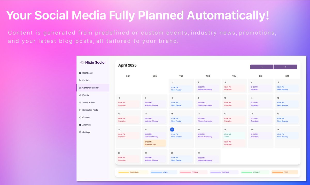 NixieSocial's tweet photo. 🎯 Content that writes itself?
Yes, it’s real, and launching on Product Hunt in 3 days.

✅ Calendar events
✅ Industry trends
✅ Blog posts
✅ Your brand tone

No more blank page. No more creative burnout.

💥 30% off with code PH30OFF
#SmallBusinessTools #ProductHuntLaunch https://t.co/Y5J8kABz2o