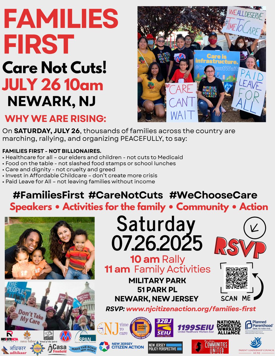 NJCitizenAction's tweet image. Join us on July 26 for a fun community event at Military Park (51 Park Place, Newark) starting at 10 AM! Families across the country are coming together to say loud and clear: our families come first & not billionaires or corrupt politicians. RSVP: form.123formbuilder.com/6866315/famili…