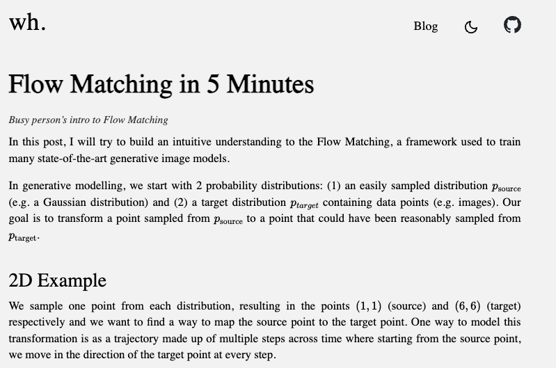 Wrote a new post about Flow Matching, where I try to explain my intuitions about it as concisely as possible.

Hope it's useful :)