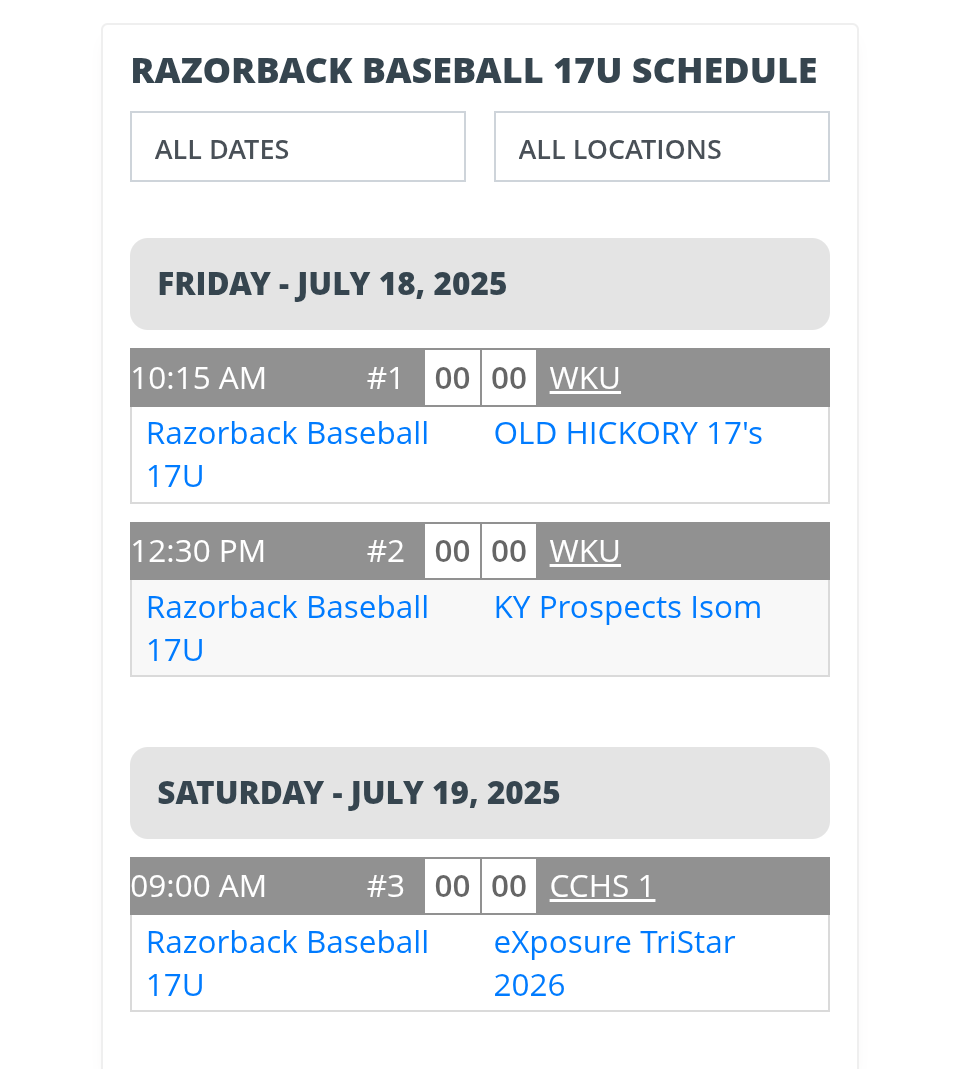 Our schedule for this weekend's <a href="/PrepbaseballKY/">Prep Baseball Kentucky</a> Summer Championships in Bowling Green, KY.

7/18 at 10:15am at Western Kentucky U.
7/18 at 12:30pm at Western Kentucky U.
7/19 at 9am at Christian Co. HS.
7/20 - TBD
* Times listed in CST