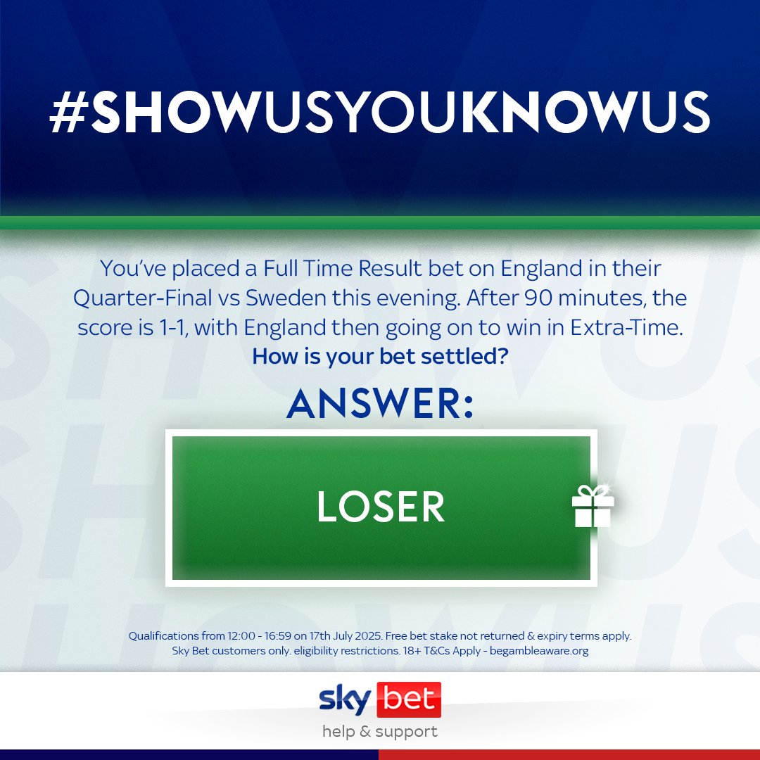 SkyBetHelp's tweet image. π¬ #ShowUsYouKnowUs is now closed, thanks for taking part!
π Congrats if you answered A
Bets are settled on the result after 90 mins unless otherwise stated. This includes injury time but not ET or penalty shootouts.
Terms π ms.spr.ly/6184ofee6
Winning DMs on the way βοΈ