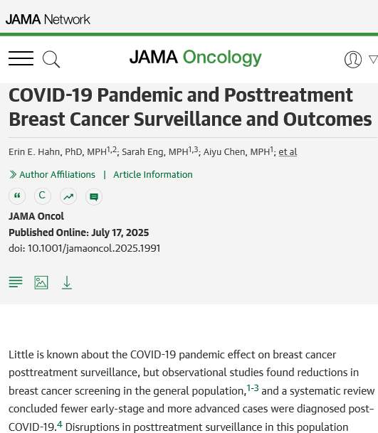 JAMAOnc's tweet image. In the post–COVID-19 period, there was a reduction in annual breast cancer surveillance imaging for early-stage breast cancer patients, though recurrence rates remained consistent with pre–COVID-19 levels. ja.ma/40oJ1fW