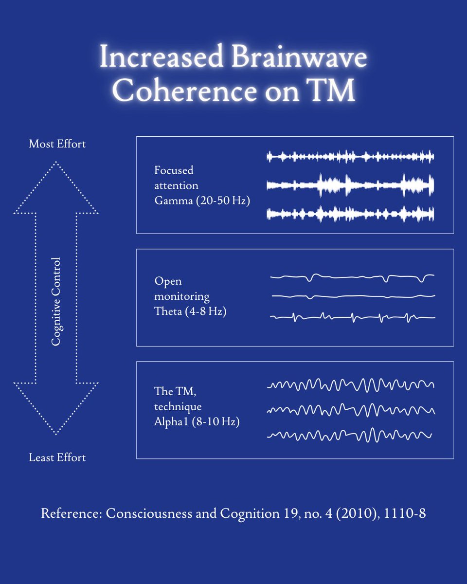 Brainwave coherence is increased during Transcendental Meditation (TM)
What does that mean?

Research shows that during the practice of TM, the brain enters a state of greater coherence.
Brainwaves become more orderly.
Brainwaves become more harmonious.
Waves tend to fall into