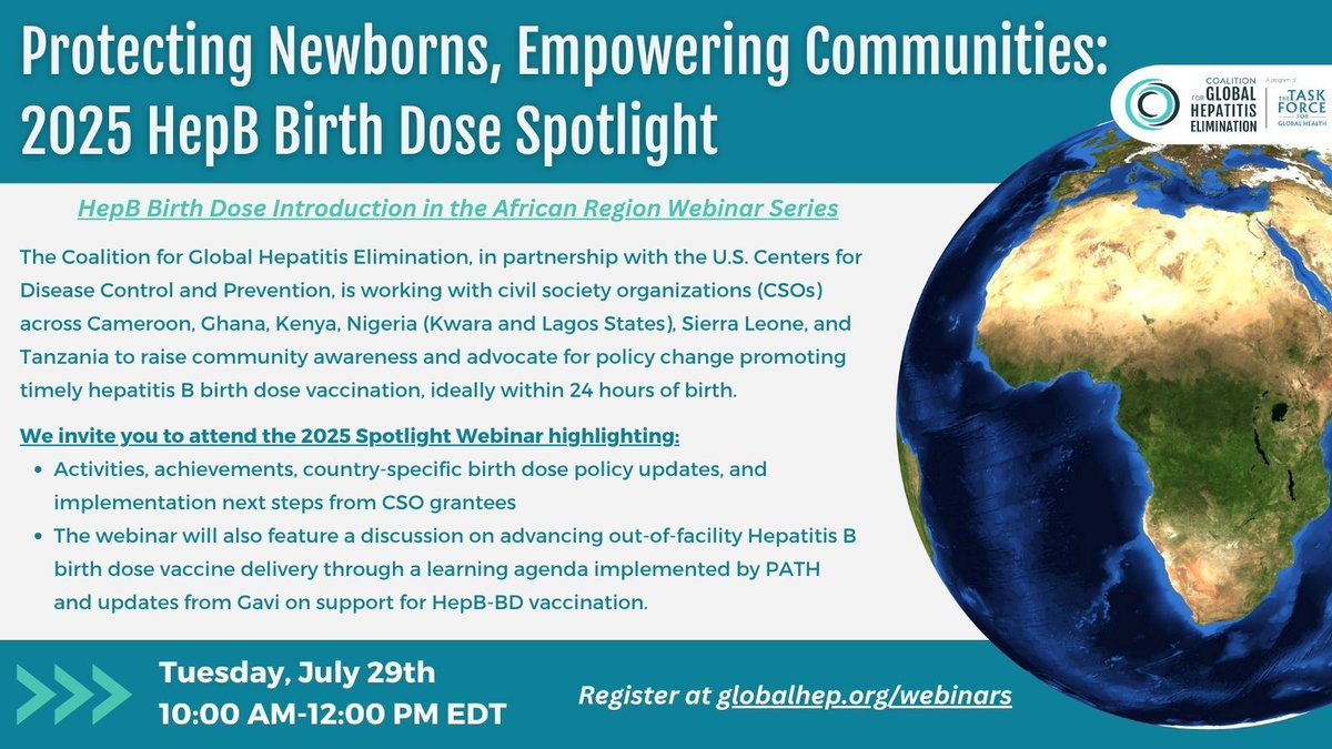 GlobalHep's tweet image. Join us for "Protecting Newborns, Empowering Communities"—a spotlight on HepB birth dose advocacy across Africa.
Presentations from @gavi, @PATHtweets & 7 CSOs from 6 countries.
📅 July 29 | 10 AM EDT
Register: buff.ly/hU6bmkA
#WorldHepatitisDay #HepB #VaccinesWork
