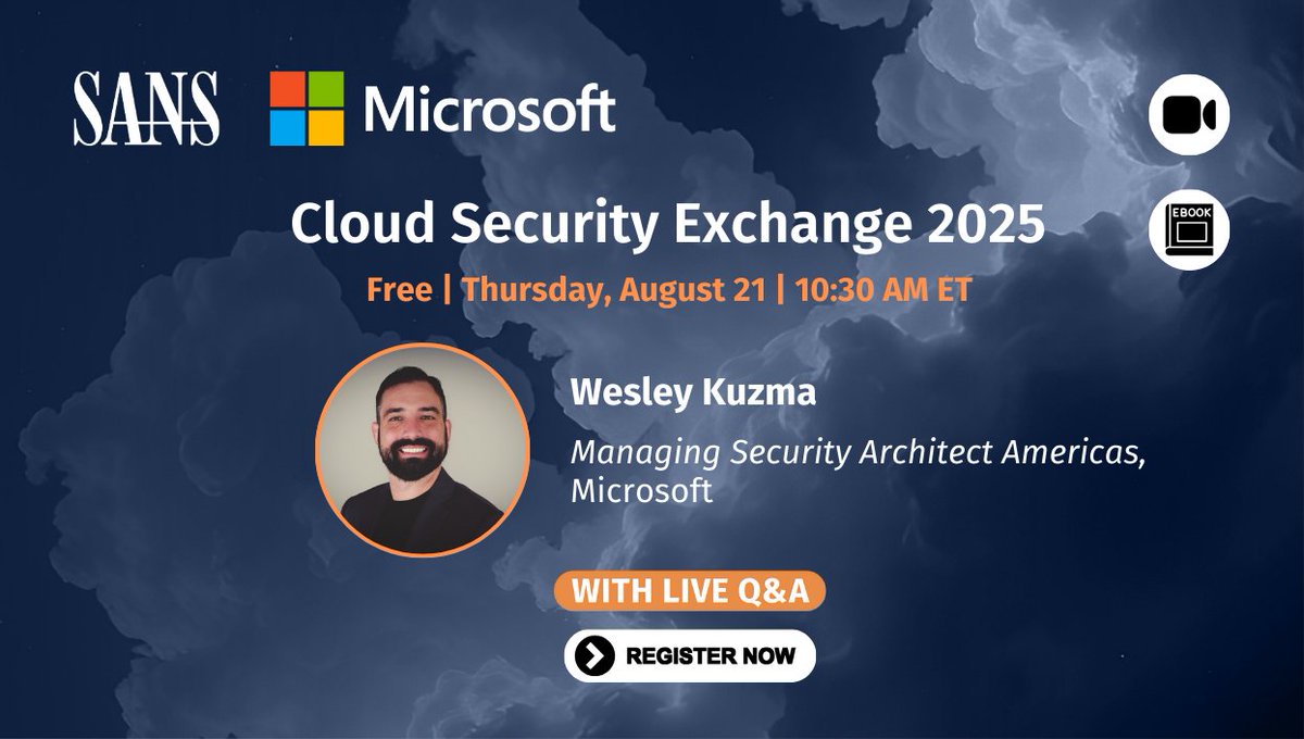 SANSCloudSec's tweet image. We’re thrilled to welcome Wesley Kuzma, Managing Security Architect at @Microsoft, to the SANS #CloudSecExchange25.
Don’t miss Wesley’s perspective from one of the world’s leading cloud providers.
Register today: sans.org/u/1Bh0