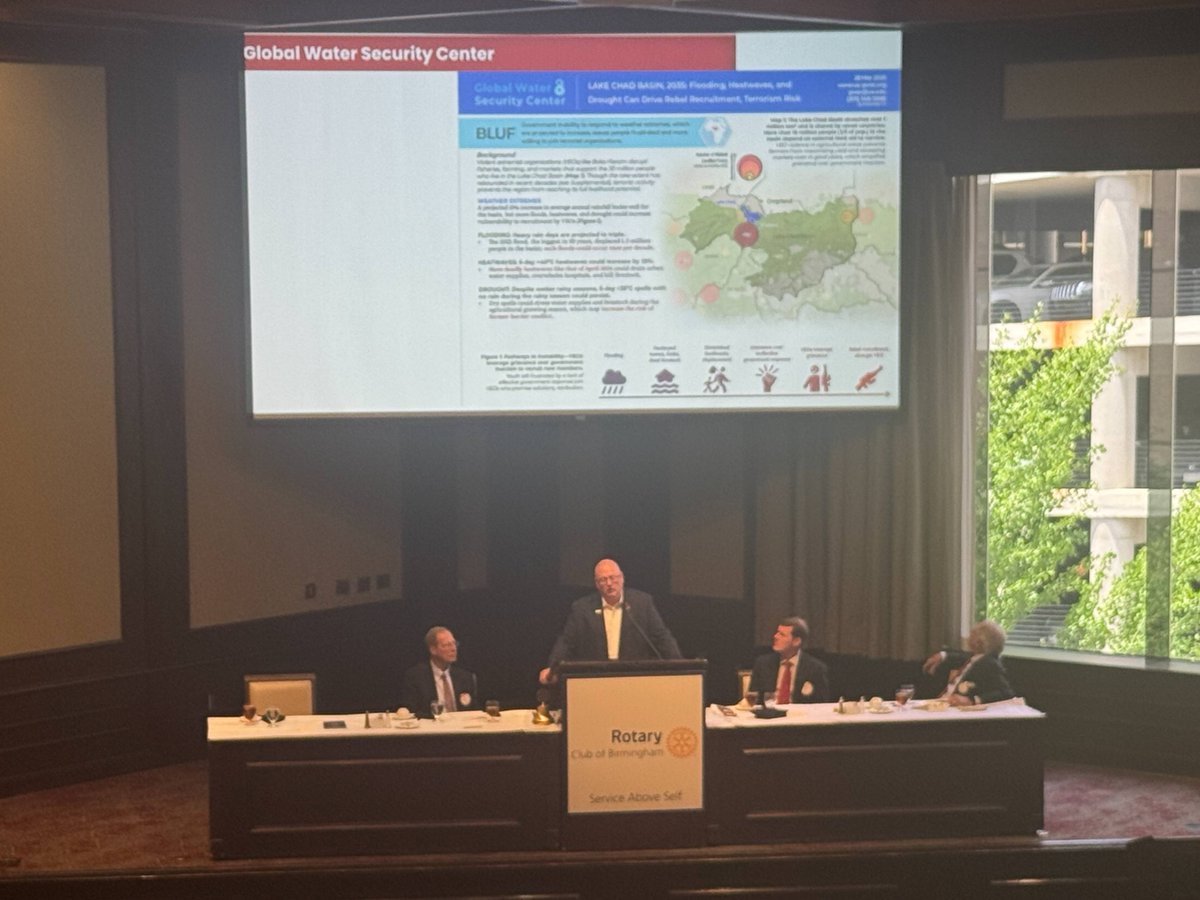 Proud to have our GWSC Director represent GWSC + Alabama Water Institute at the Rotary Club of Birmingham luncheon. Thank you to June Clark, Jeris Gaston, and LeNa' McDonald for the warm welcome and focus on water resilience.

#WaterSecurity #ScienceForPolicy #BhamRotary
